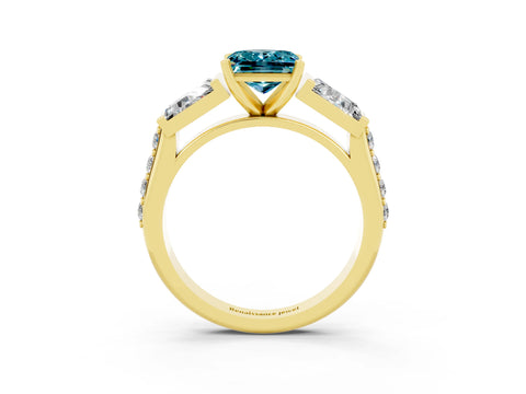 Yellow gold Princess Cut Blue Topaz Engagement Ring with Baguette Side Stones and Channel Set Band_3