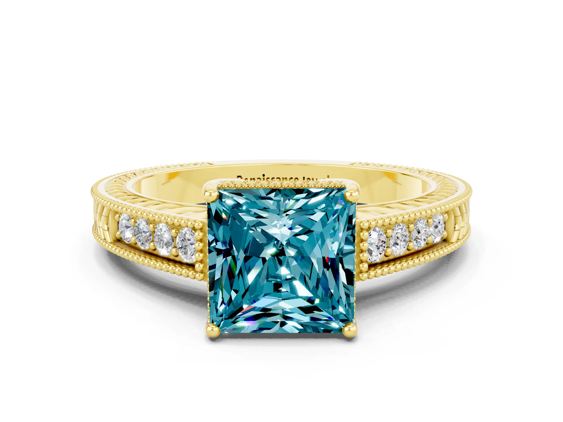 Yellow gold Princess Cut Blue Topaz Engagement Ring with Milgrain Channel Set Band and Prong Setting