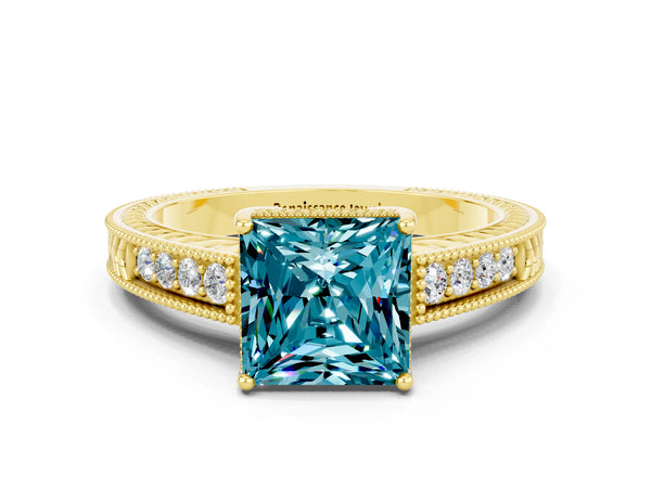 Yellow gold Princess Cut Blue Topaz Engagement Ring with Milgrain Channel Set Band and Prong Setting