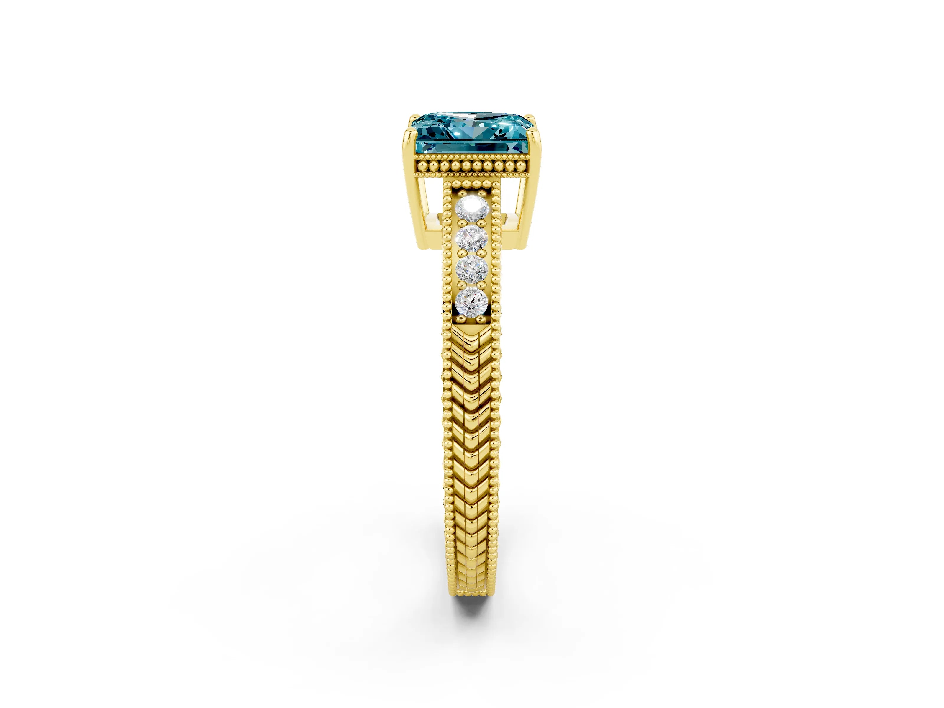 Yellow gold Princess Cut Blue Topaz Engagement Ring with Milgrain Channel Set Band and Prong Setting_2