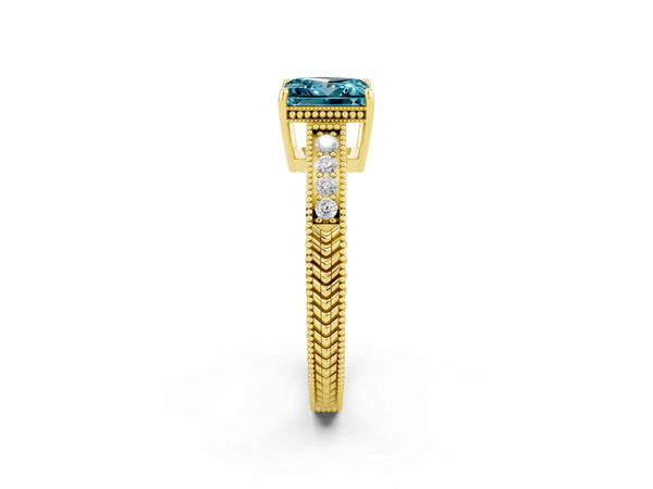 Yellow gold Princess Cut Blue Topaz Engagement Ring with Milgrain Channel Set Band and Prong Setting