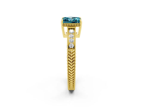 Yellow gold Princess Cut Blue Topaz Engagement Ring with Milgrain Channel Set Band and Prong Setting_2