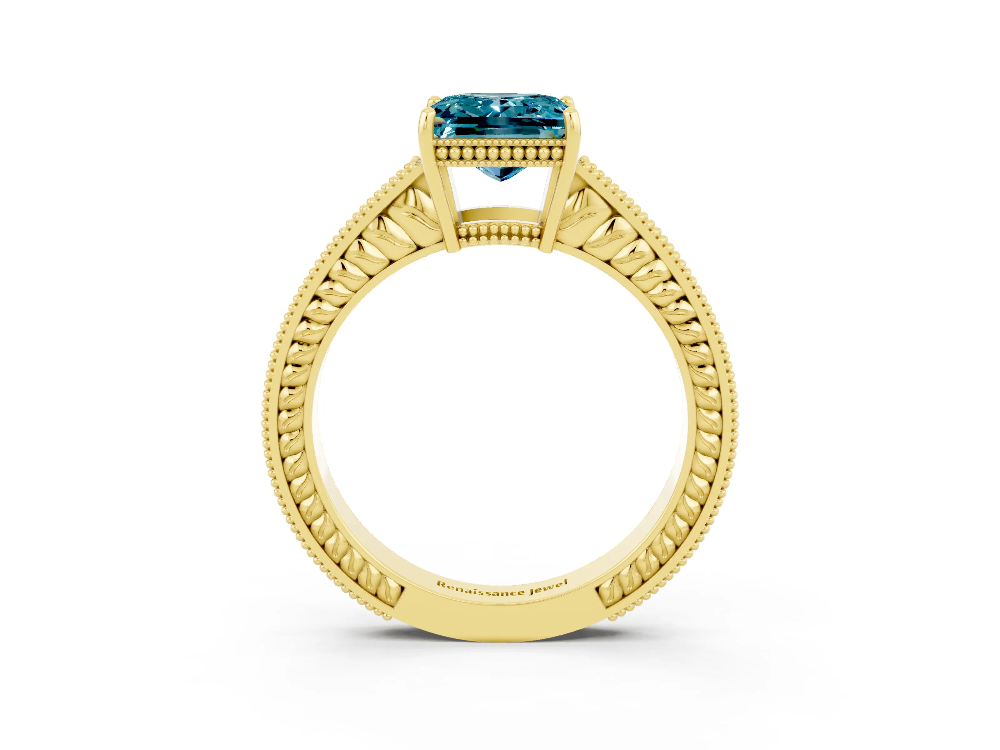 Yellow gold Princess Cut Blue Topaz Engagement Ring with Milgrain Channel Set Band and Prong Setting_3