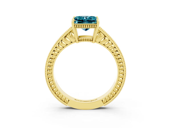 Yellow gold Princess Cut Blue Topaz Engagement Ring with Milgrain Channel Set Band and Prong Setting