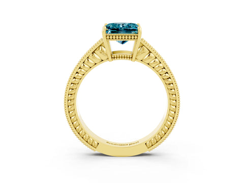Yellow gold Princess Cut Blue Topaz Engagement Ring with Milgrain Channel Set Band and Prong Setting_3