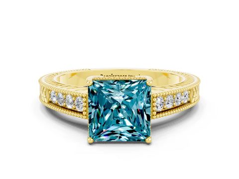 Yellow gold Princess Cut Blue Topaz Engagement Ring with Milgrain Channel Set Band and Prong Setting