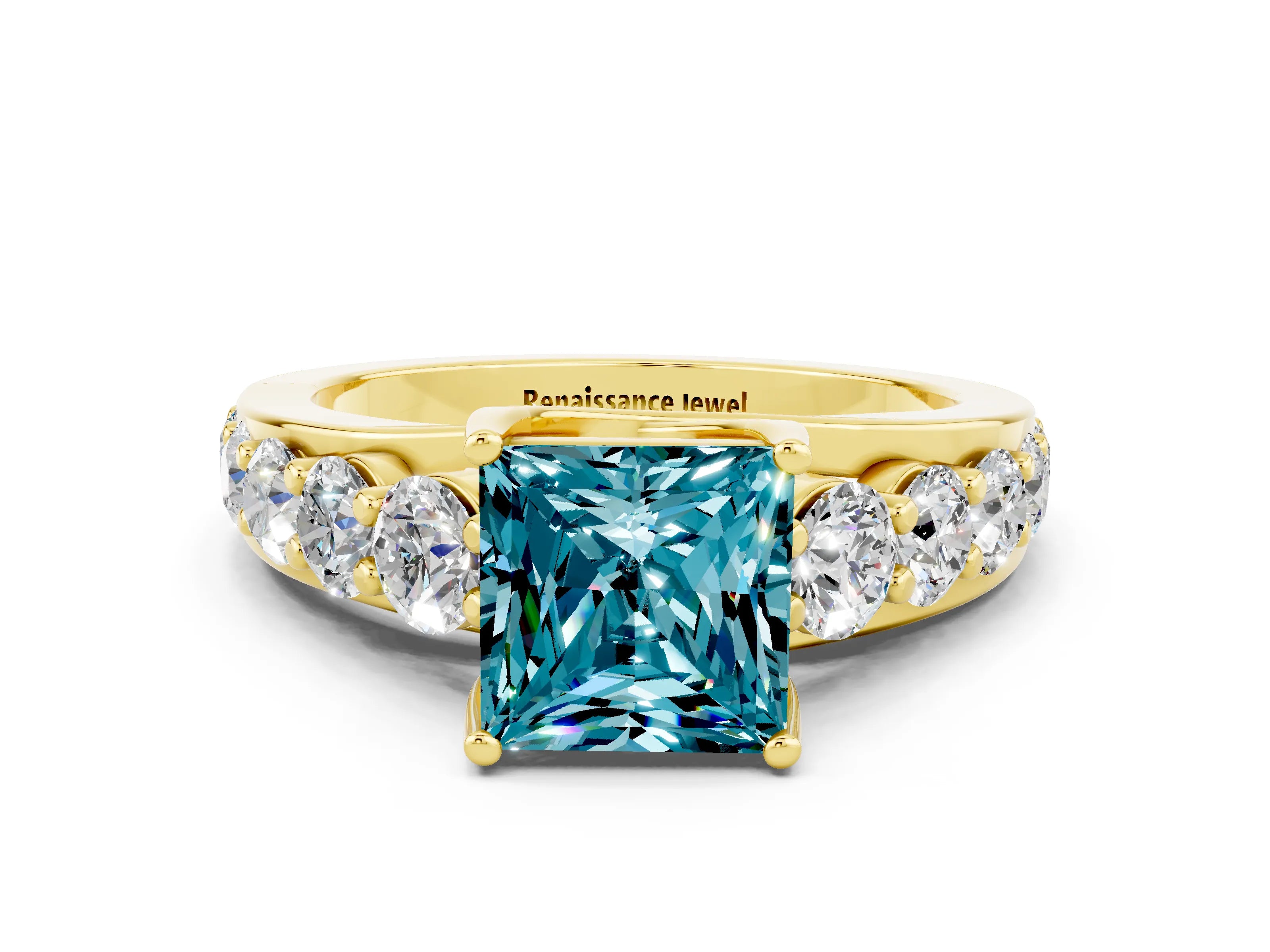 Yellow gold Princess Cut Blue Topaz Engagement Ring with Pavé Band and Four-Prong Setting