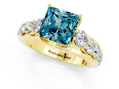 Yellow gold Princess Cut Blue Topaz Engagement Ring with Pavé Band and Four-Prong Setting_1