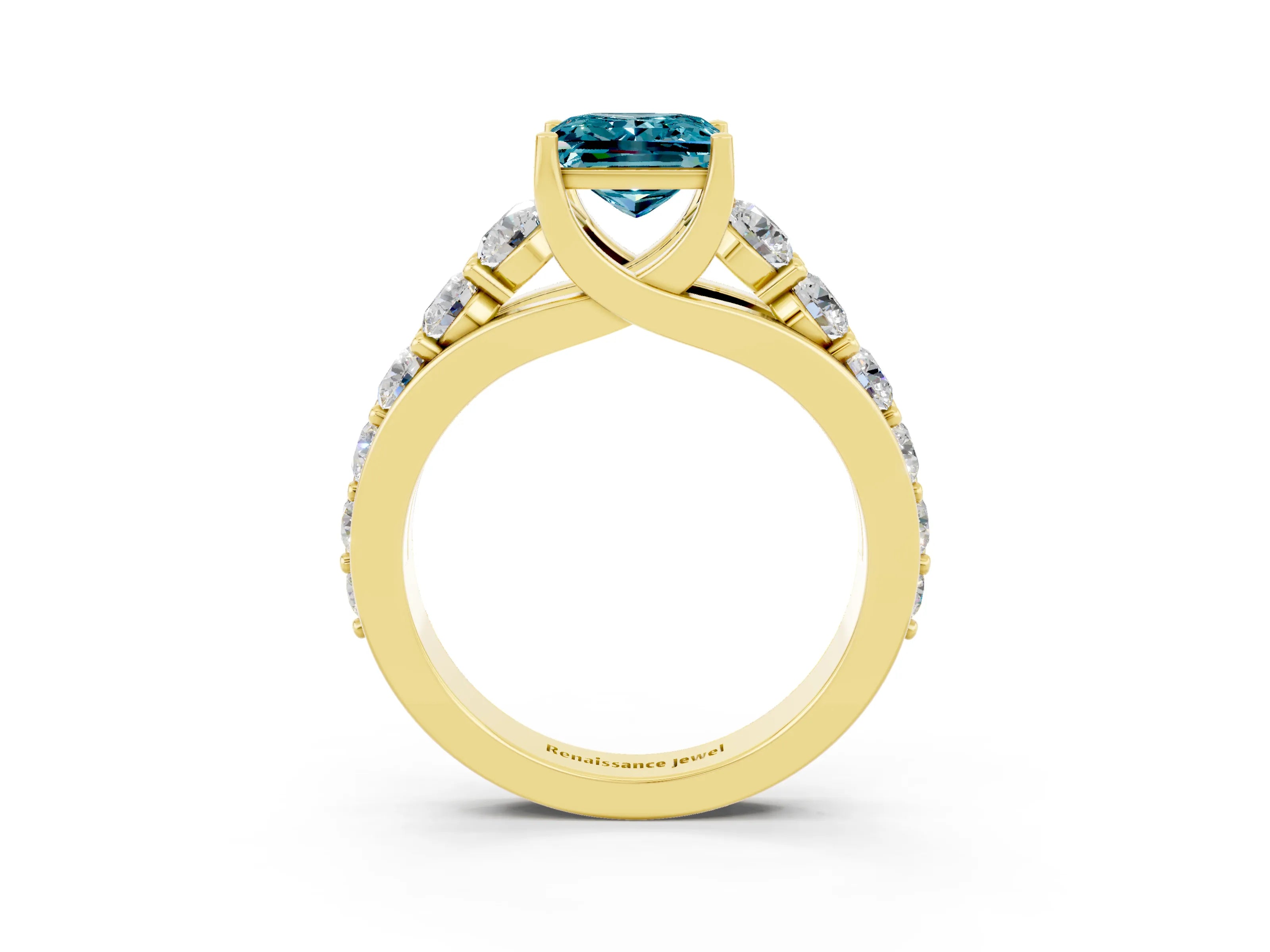 Yellow gold Princess Cut Blue Topaz Engagement Ring with Pavé Band and Four-Prong Setting_3