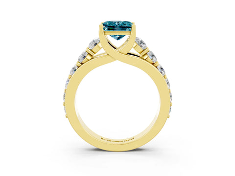 Yellow gold Princess Cut Blue Topaz Engagement Ring with Pavé Band and Four-Prong Setting_3