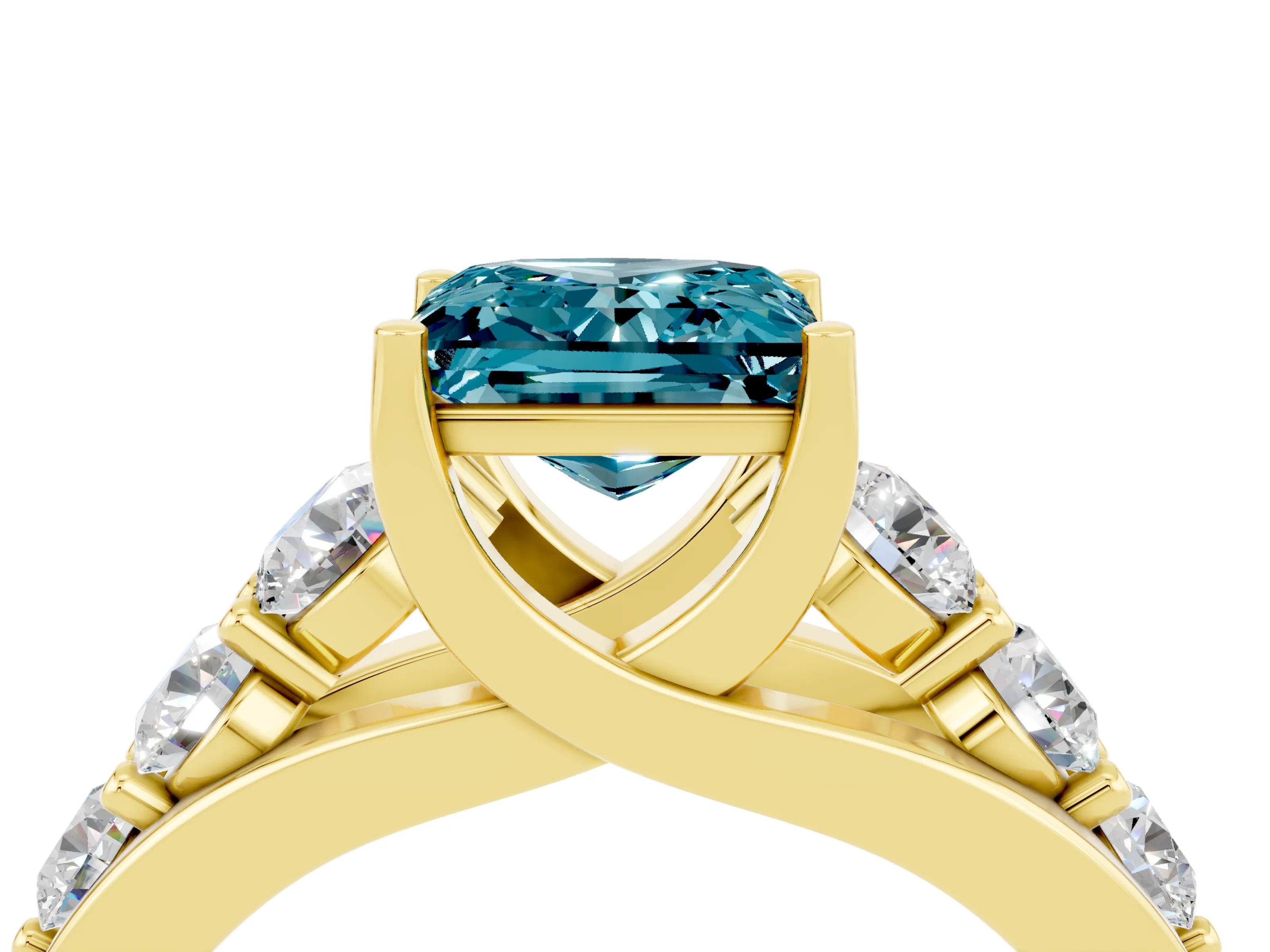 Yellow gold Princess Cut Blue Topaz Engagement Ring with Pavé Band and Four-Prong Setting_4