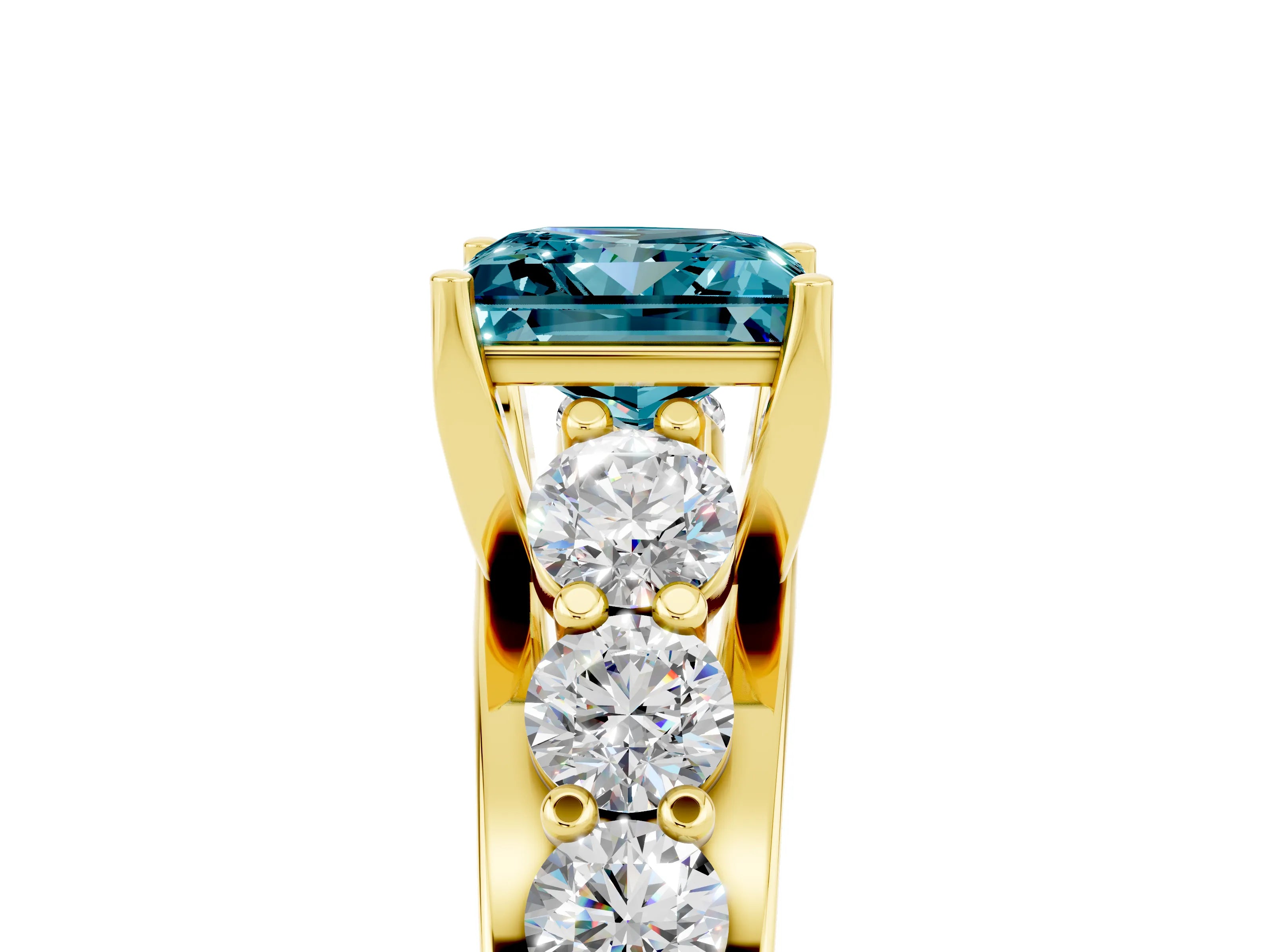 Yellow gold Princess Cut Blue Topaz Engagement Ring with Pavé Band and Four-Prong Setting_5