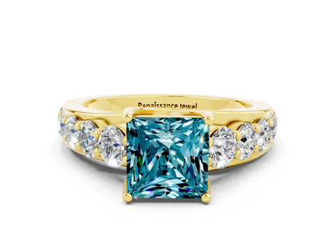 Yellow gold Princess Cut Blue Topaz Engagement Ring with Pavé Band and Four-Prong Setting