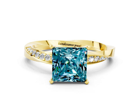 Yellow gold Princess Cut Blue Topaz Engagement Ring with Side Stone Accents and Four-Prong Setting_39