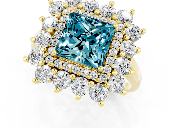 Yellow gold Princess Cut Blue Topaz Floral Double Halo Engagement Ring with Prong Setting