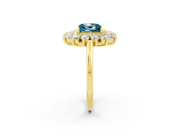 Yellow gold Princess Cut Blue Topaz Floral Double Halo Engagement Ring with Prong Setting
