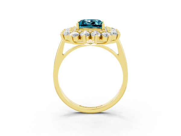 Yellow gold Princess Cut Blue Topaz Floral Double Halo Engagement Ring with Prong Setting