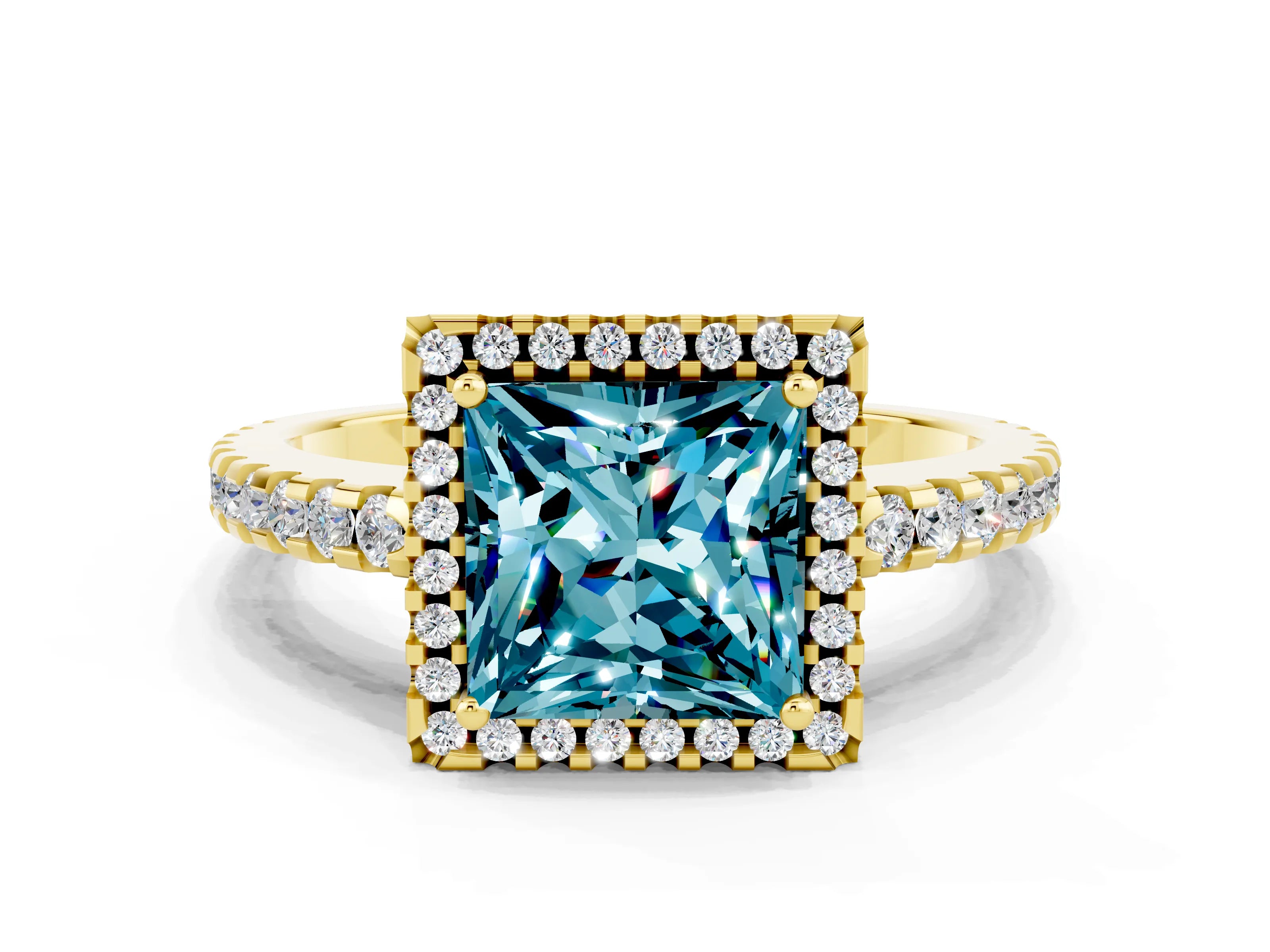 Yellow gold Princess Cut Blue Topaz Halo Engagement Ring with Pavé Band and Prong Setting_12