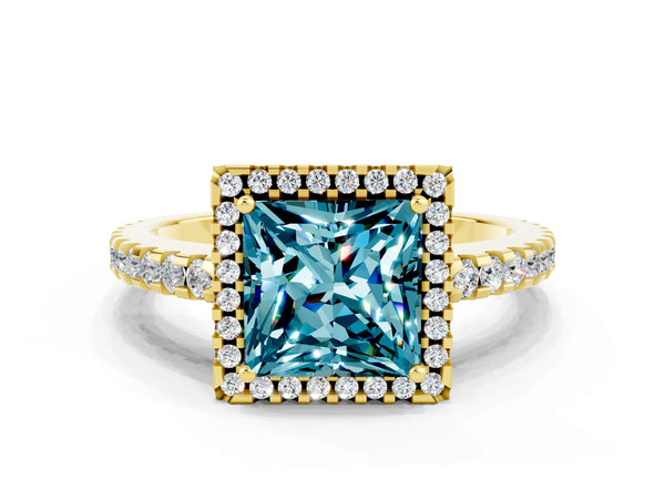 Yellow gold Princess Cut Blue Topaz Halo Engagement Ring with Pavé Band and Prong Setting