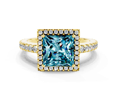 Yellow gold Princess Cut Blue Topaz Halo Engagement Ring with Pavé Band and Prong Setting_12