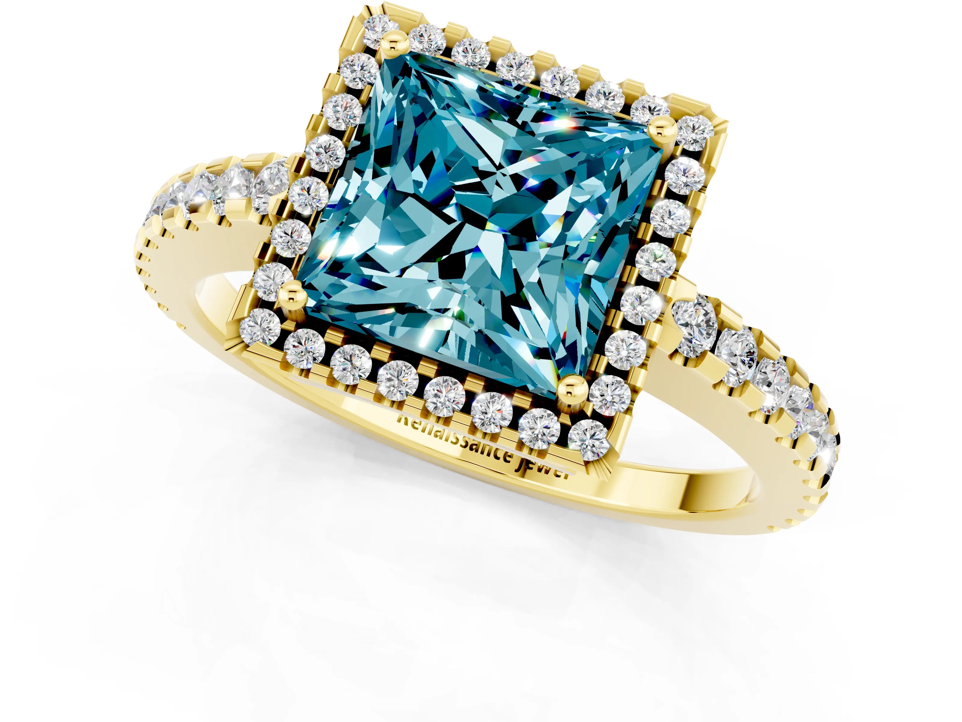 Yellow gold Princess Cut Blue Topaz Halo Engagement Ring with Pavé Band and Prong Setting_13