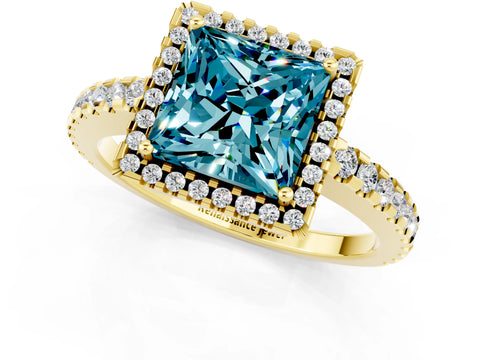 Yellow gold Princess Cut Blue Topaz Halo Engagement Ring with Pavé Band and Prong Setting_13