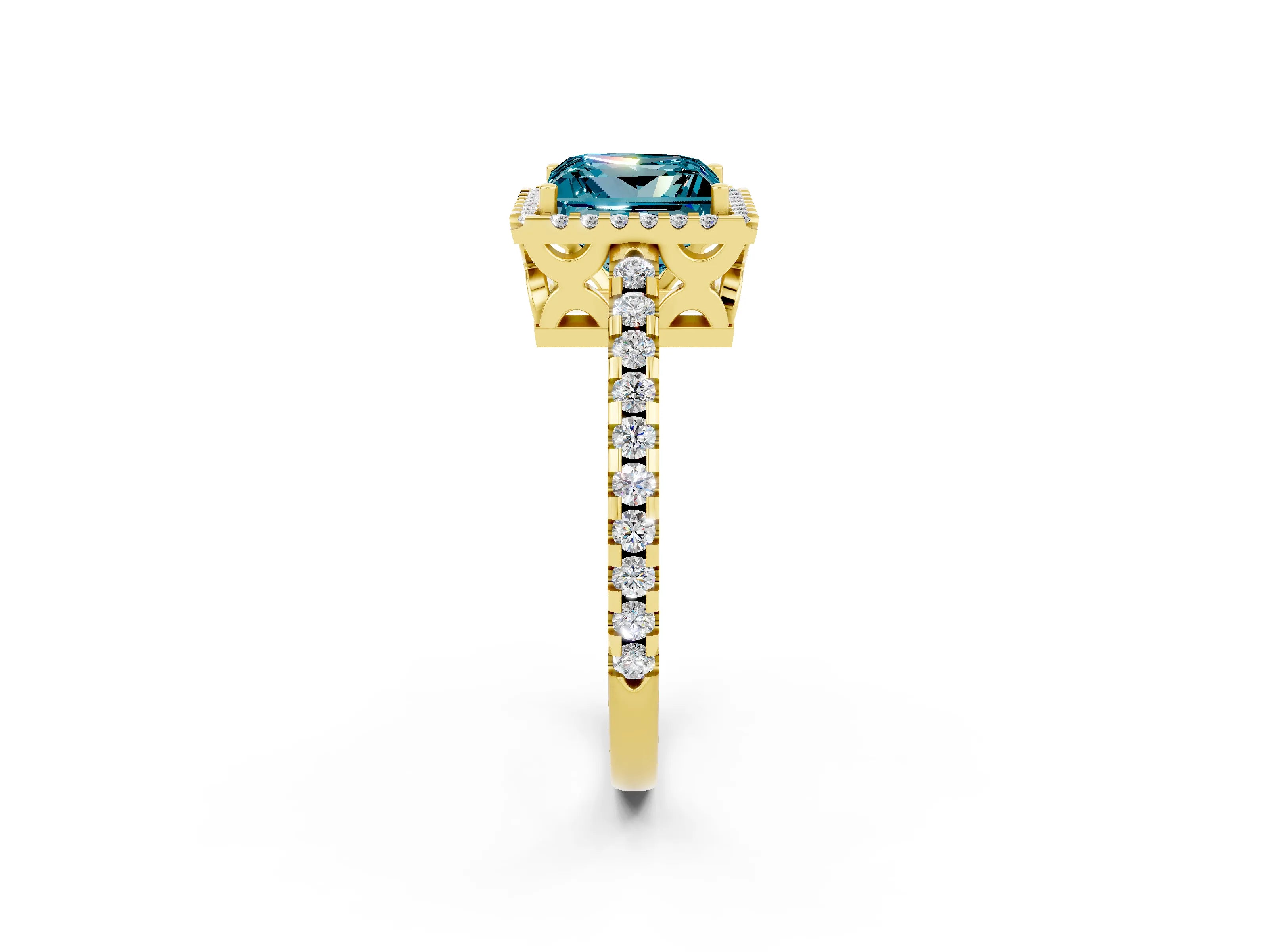 Yellow gold Princess Cut Blue Topaz Halo Engagement Ring with Pavé Band and Prong Setting_14