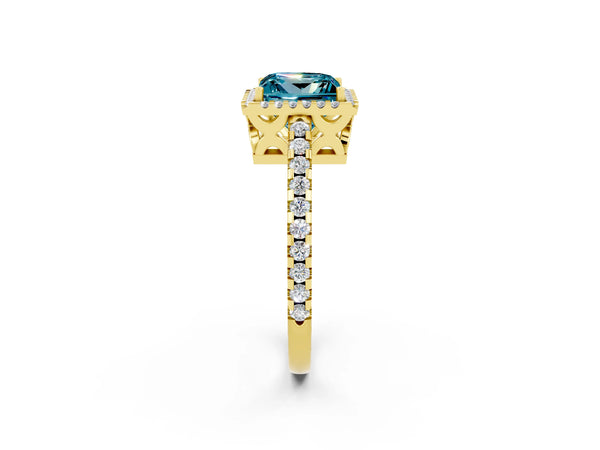 Yellow gold Princess Cut Blue Topaz Halo Engagement Ring with Pavé Band and Prong Setting