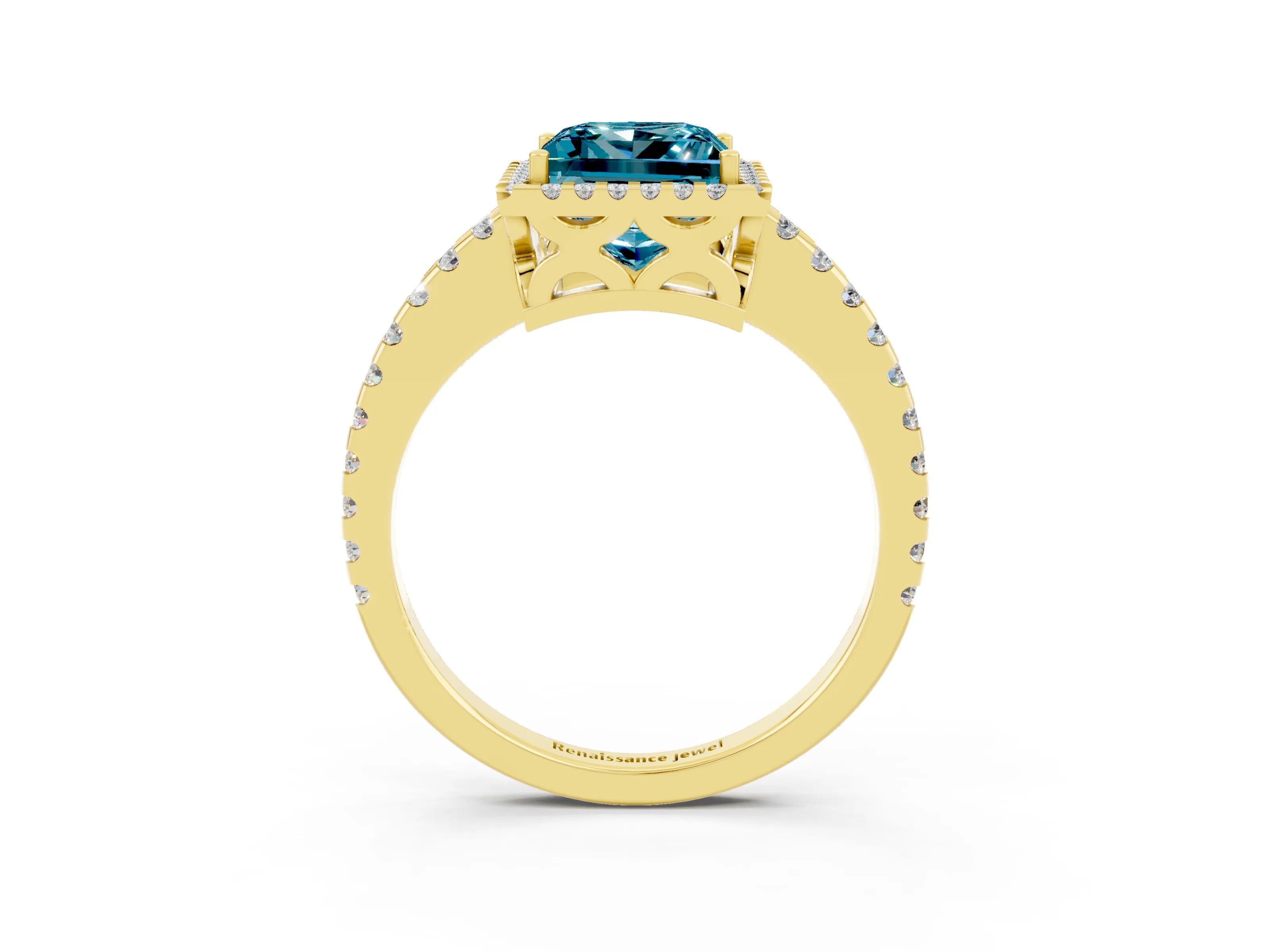 Yellow gold Princess Cut Blue Topaz Halo Engagement Ring with Pavé Band and Prong Setting_15