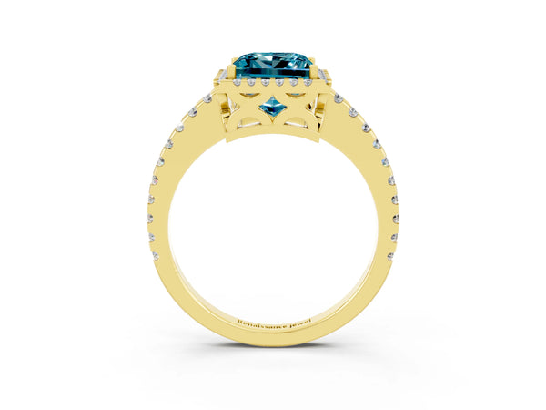 Yellow gold Princess Cut Blue Topaz Halo Engagement Ring with Pavé Band and Prong Setting