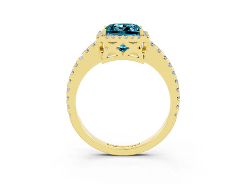 Yellow gold Princess Cut Blue Topaz Halo Engagement Ring with Pavé Band and Prong Setting_15