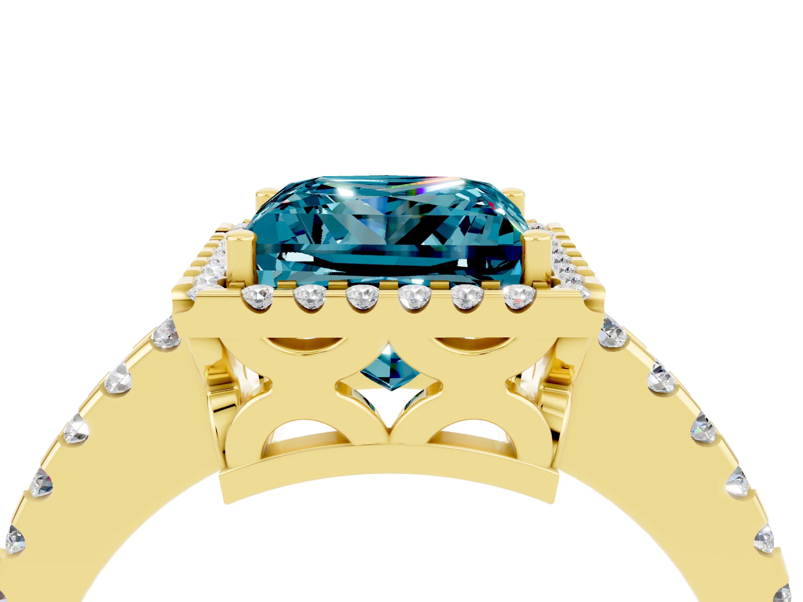 Yellow gold Princess Cut Blue Topaz Halo Engagement Ring with Pavé Band and Prong Setting_16