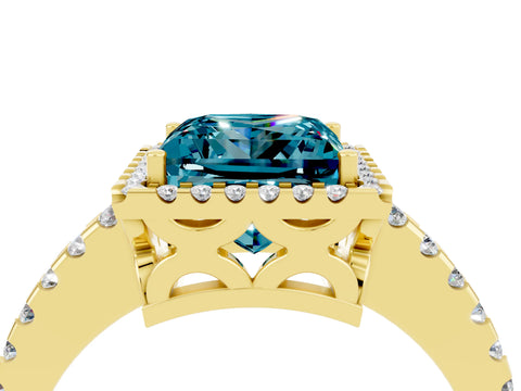 Yellow gold Princess Cut Blue Topaz Halo Engagement Ring with Pavé Band and Prong Setting_16