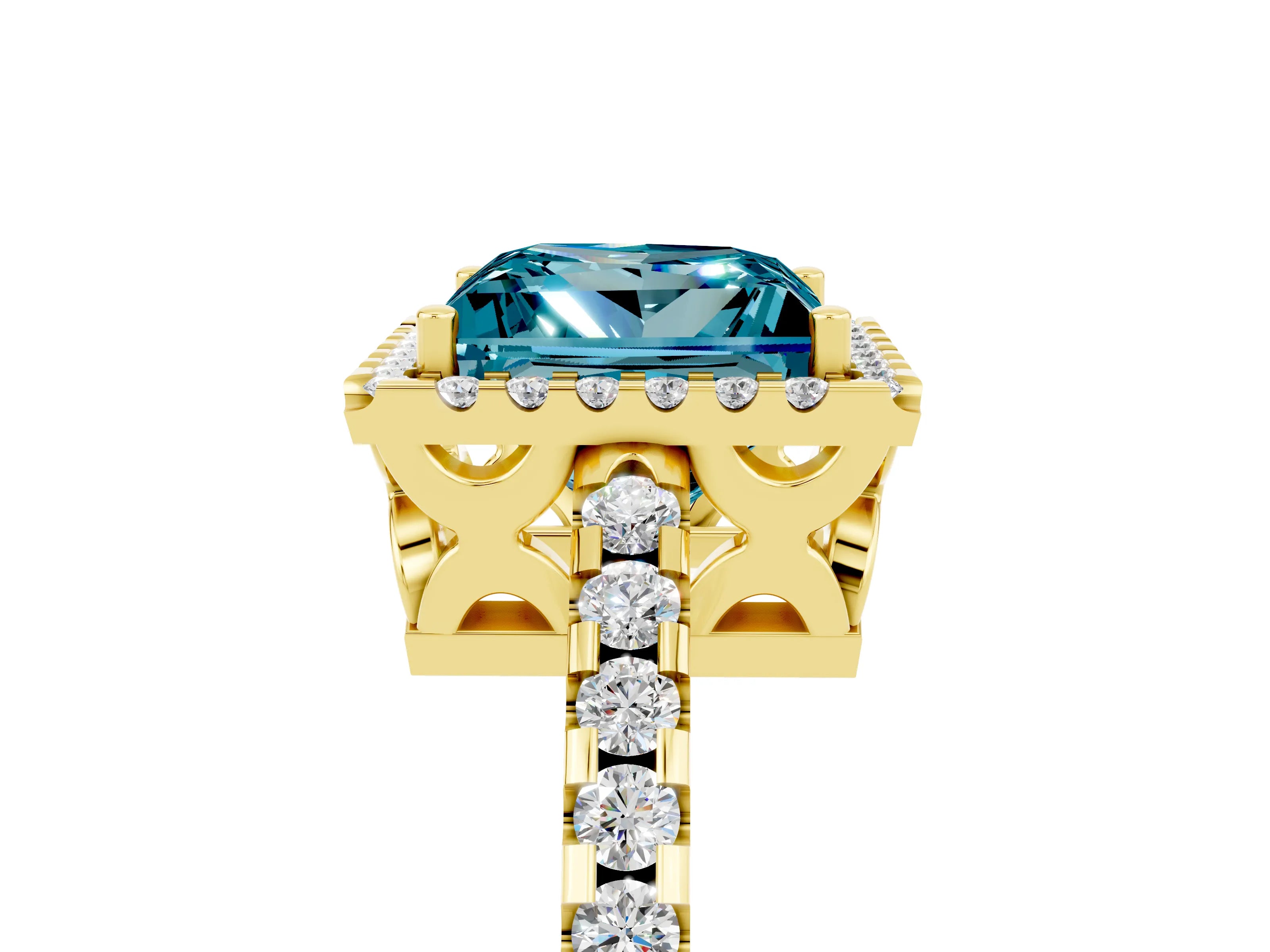 Yellow gold Princess Cut Blue Topaz Halo Engagement Ring with Pavé Band and Prong Setting_17