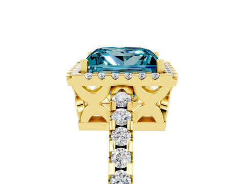 Yellow gold Princess Cut Blue Topaz Halo Engagement Ring with Pavé Band and Prong Setting_17