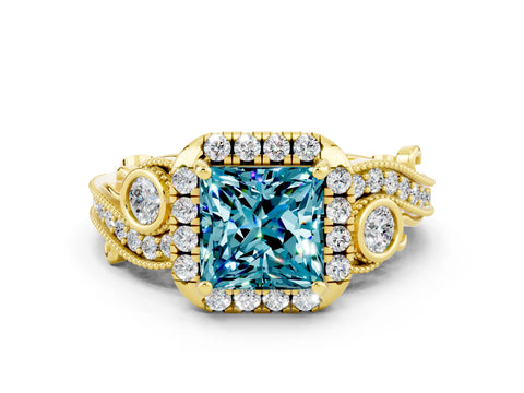 Yellow gold Princess Cut Blue Topaz Halo Ring with Milgrain Pavé Band and Four-Prong Setting_12