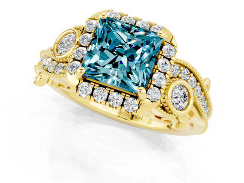 Yellow gold Princess Cut Blue Topaz Halo Ring with Milgrain Pavé Band and Four-Prong Setting_13