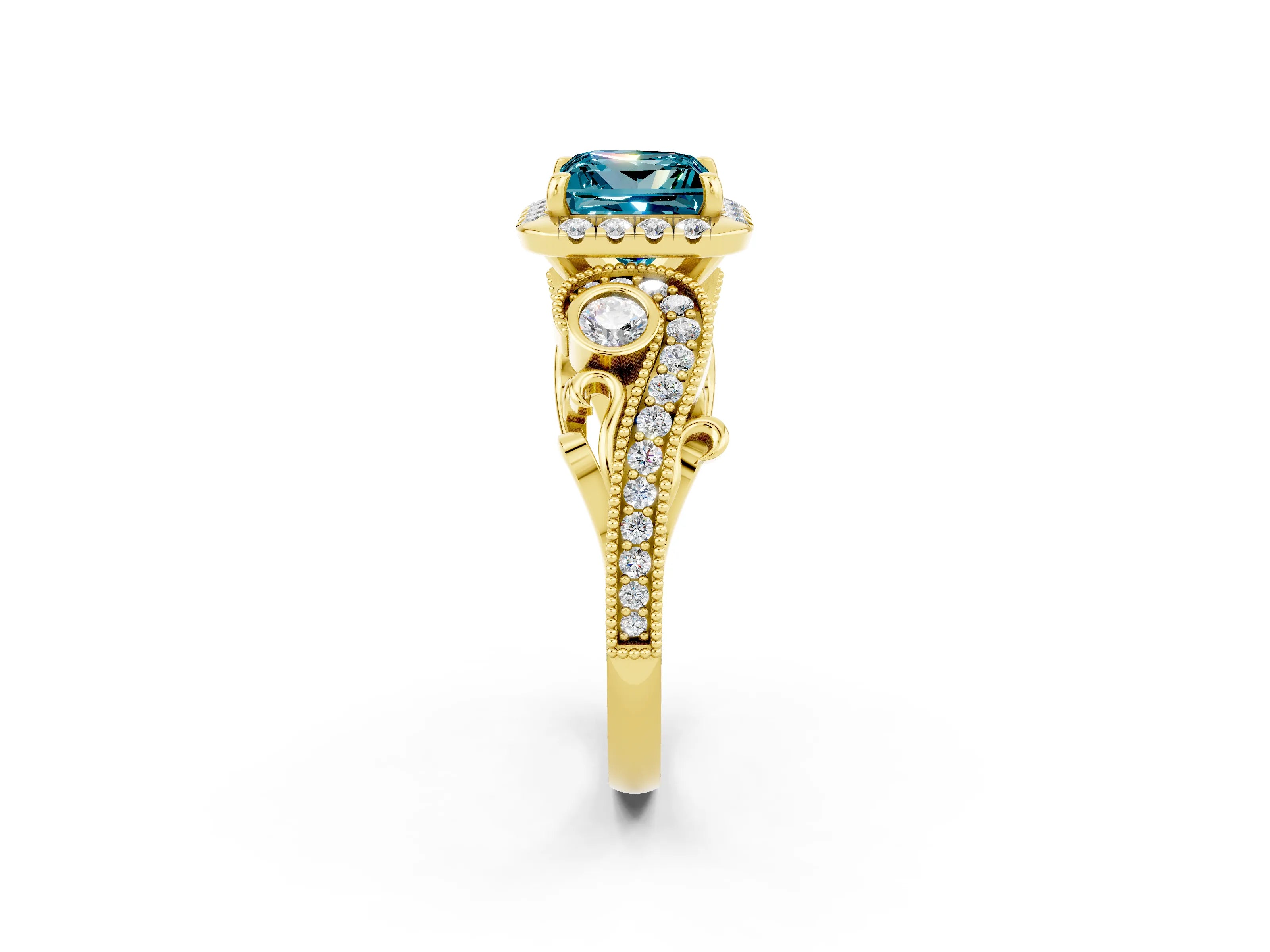 Yellow gold Princess Cut Blue Topaz Halo Ring with Milgrain Pavé Band and Four-Prong Setting_14