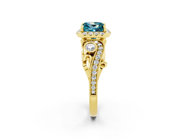 Yellow gold Princess Cut Blue Topaz Halo Ring with Milgrain Pavé Band and Four-Prong Setting