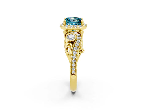 Yellow gold Princess Cut Blue Topaz Halo Ring with Milgrain Pavé Band and Four-Prong Setting_14