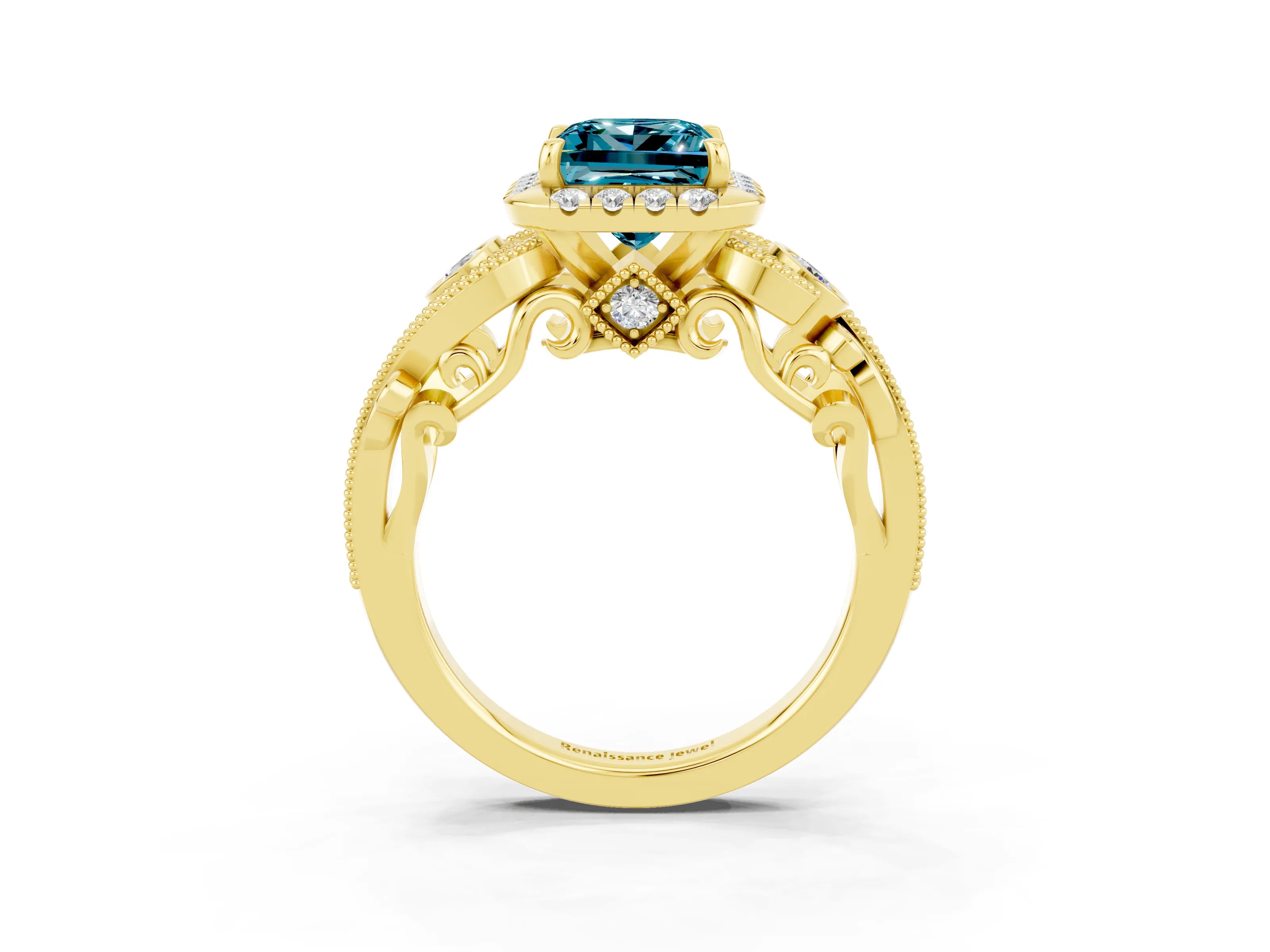 Yellow gold Princess Cut Blue Topaz Halo Ring with Milgrain Pavé Band and Four-Prong Setting_15