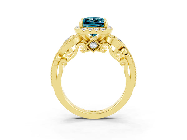 Yellow gold Princess Cut Blue Topaz Halo Ring with Milgrain Pavé Band and Four-Prong Setting