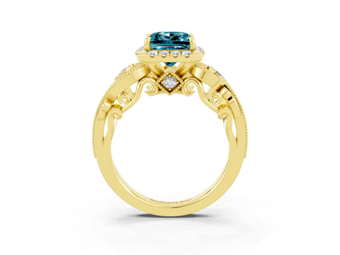 Yellow gold Princess Cut Blue Topaz Halo Ring with Milgrain Pavé Band and Four-Prong Setting_15