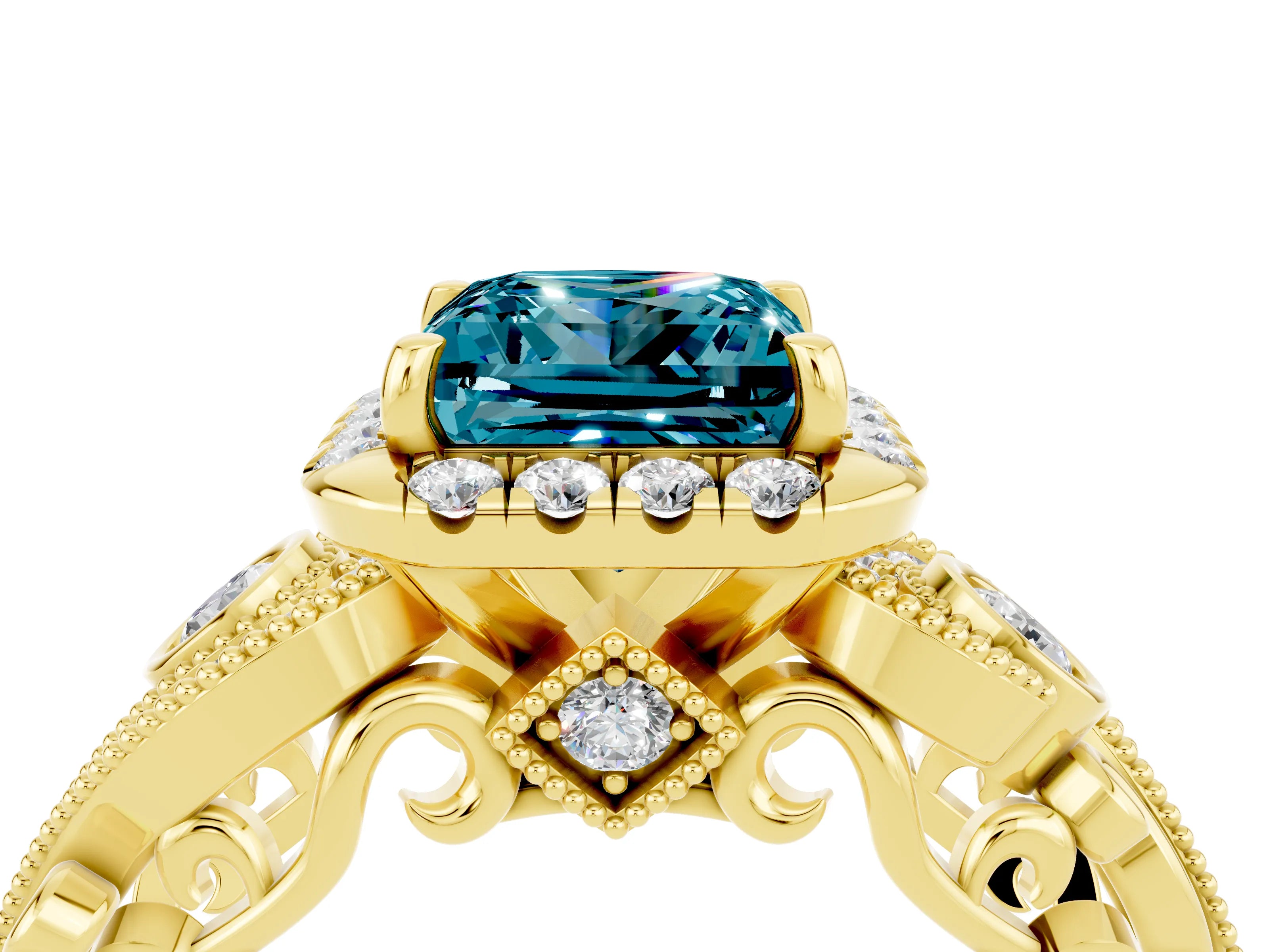Yellow gold Princess Cut Blue Topaz Halo Ring with Milgrain Pavé Band and Four-Prong Setting_16