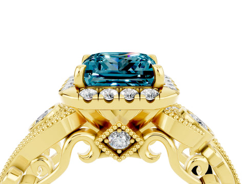Yellow gold Princess Cut Blue Topaz Halo Ring with Milgrain Pavé Band and Four-Prong Setting_16