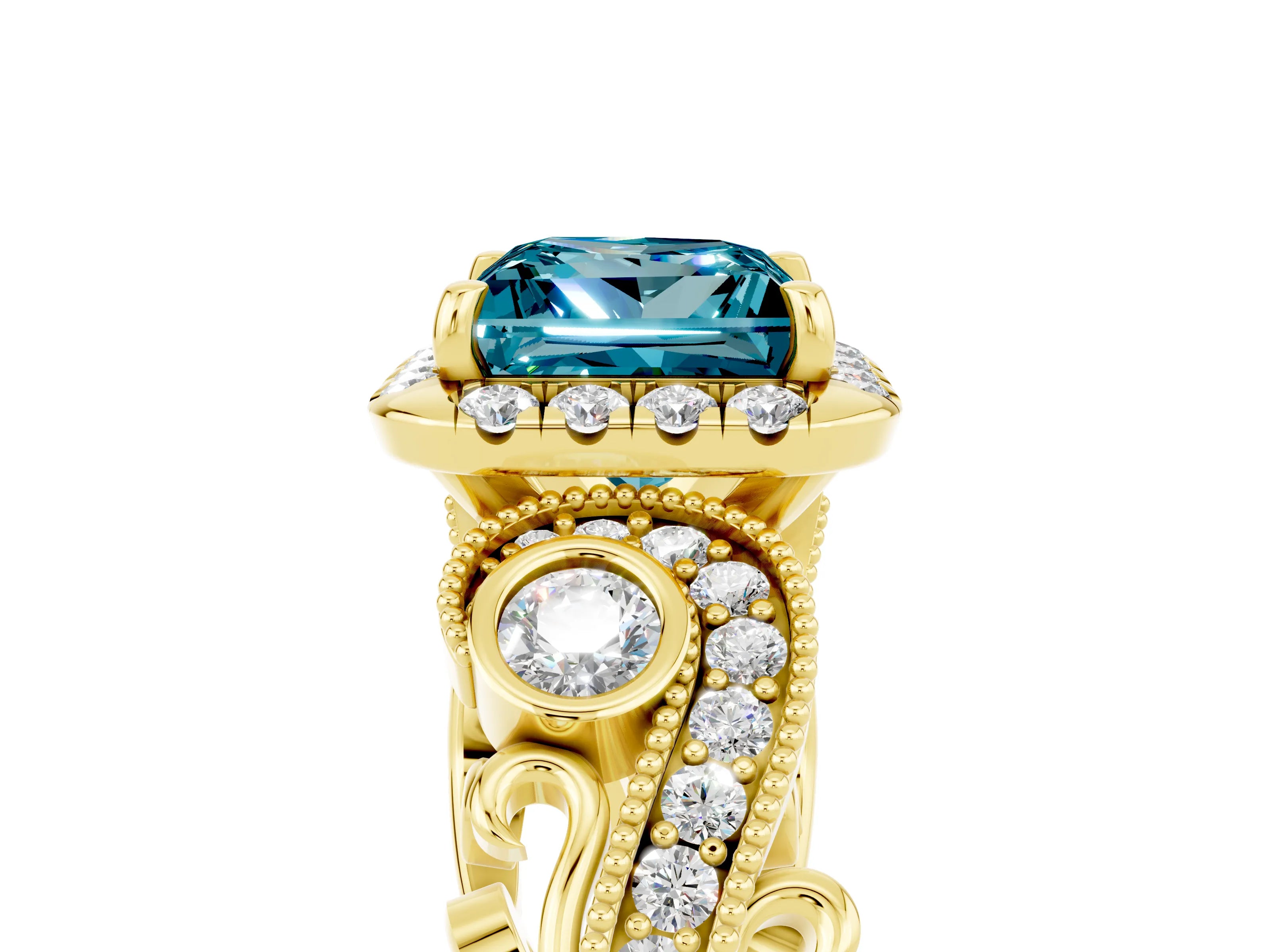 Yellow gold Princess Cut Blue Topaz Halo Ring with Milgrain Pavé Band and Four-Prong Setting_17