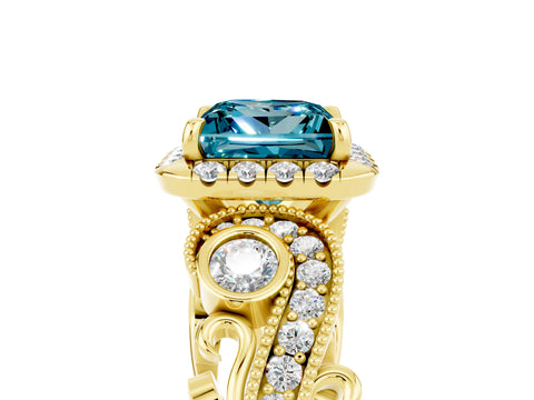 Yellow gold Princess Cut Blue Topaz Halo Ring with Milgrain Pavé Band and Four-Prong Setting_17