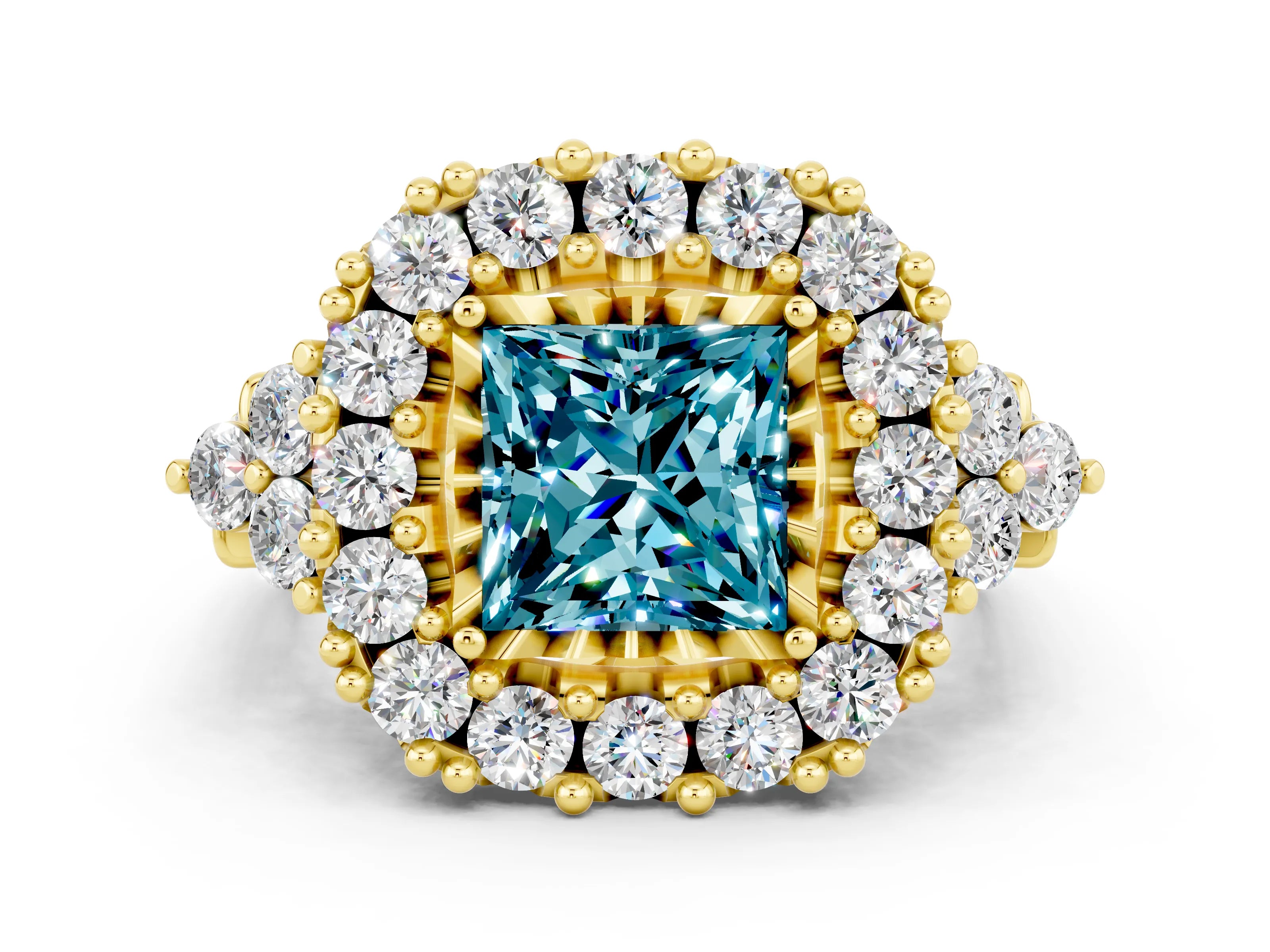 Yellow gold Princess Cut Blue Topaz Halo Ring with Pavé Band and Four-Prong Setting_12