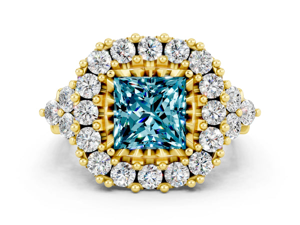 Yellow gold Princess Cut Blue Topaz Halo Ring with Pavé Band and Four-Prong Setting