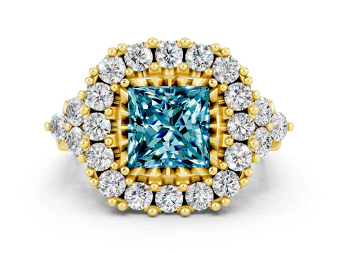 Yellow gold Princess Cut Blue Topaz Halo Ring with Pavé Band and Four-Prong Setting_12